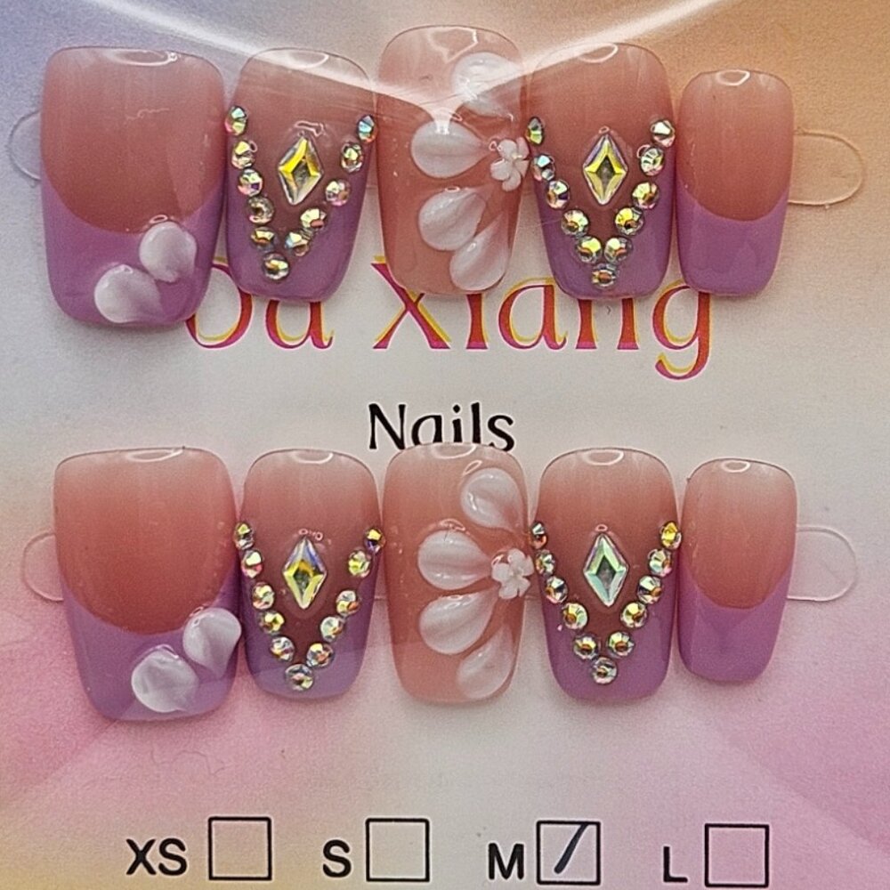 Press On Nails - Lilac Purple French w/ Rhinestones / Size Medium (10 pack)